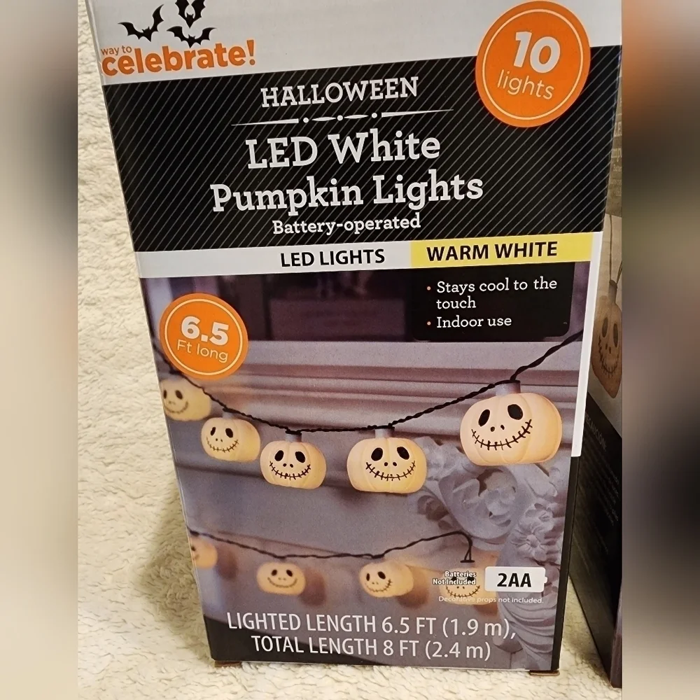 New 2 pack of 10-Count Battery Operated White Pumpkin Lights with Warm White LED